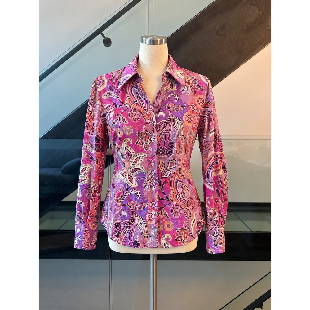 Etro Milano Purple Psychedelic Paisley Floral Button Down Shirt Italy Size 44